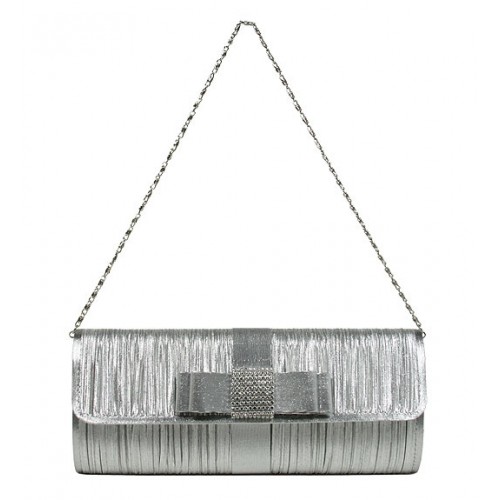Evening Bag - Pleated Clutch w/ Metal Mesh Accent Bow Flap - Silver BG-92055S